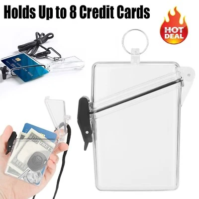 Portable Clear Case Waterproof Sport Keys Cash ID Card Holder Badge+Lanyard+Clip - Image 1 of 4