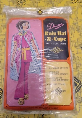 复古 60 年代/70 年代 Diane Prod. 乙烯基雨帽带遮阳帽和斗篷透明-白色圆点 — 第 1/4 张图片