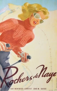 ROCHERS DE NAYE MONTREUX SWISS  SCHWEIZ SKI POSTER  MOUNTAIN VINTAGE POSTER 1950 - Picture 1 of 1