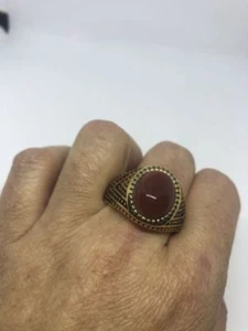 Vintage Golden Stainless Steel Size 11 Men's Genuine Carnelian Ring - Picture 1 of 5