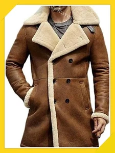 Shearling Brown Leather Coat Genuine Sheepskin Leather Coat with Artificial Fur - Picture 1 of 4