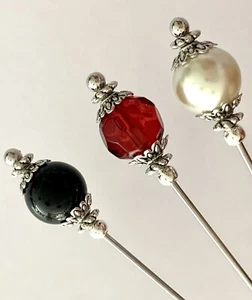 3 X Hat Pins Vintage Antique Silver Style 3 inch Long Hat Pin & Protector** - Photo 1 sur 2