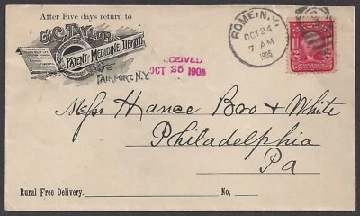 FAIRPORT, NY ~ G. C. TAYLOR, PATENT MEDICINE DEPOT ~ ILLUSTRATED AD COVER 1905 - Image 1 of 2