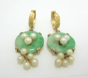 SCHÖNE DAMEN 18K GELBGOLD JADE & PERLE (1-5/8") OHRRINGE 9,7G - Bild 1 von 7