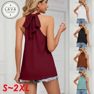 Womens Halter Neck Vest Tops Ladies Summer Casual Sleeveless Tank T-shirt S-2XL - Picture 1 of 17