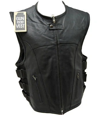 MEN'S BIKER UPDATED SWAT TEAM STYLE MOTORCYCLE LEATHER VEST W/2 GUN POCKETS NEW - Image 1 of 4