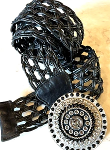 Braided Open Weave Leatherock 2 1/4" Wide Belt  Round Crystal Buckle 40/XL 1235 - Picture 1 of 4