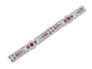 Sugarloaf Lab Burmese Ruby Art Deco Tennis Bracelet 925 SS Authentic Luxe Jewel - Picture 1 of 4