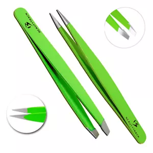 Professional Green Eyebrow Tweezers Hair Beauty Slanted Stainless Steel Tweezer - Picture 1 of 9