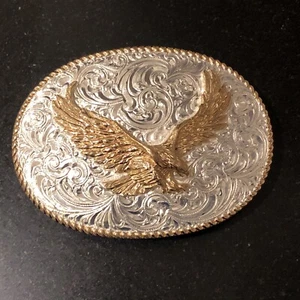 Crumrine Oval Gold Flying Eagle Buckle Silver Flower Filigree Bronze Nice - Picture 1 of 12