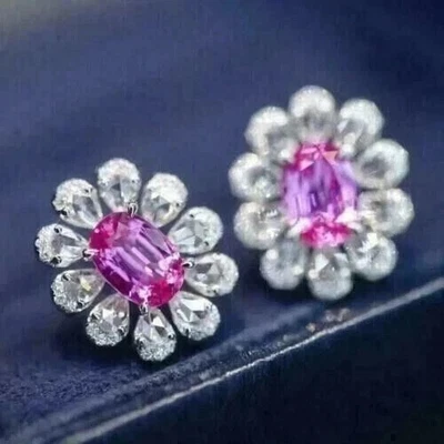 Lab-Created Sapphire 3Ct Oval Cut Halo Beautiful Stud Earrings White Gold Plated - Image 1 of 4