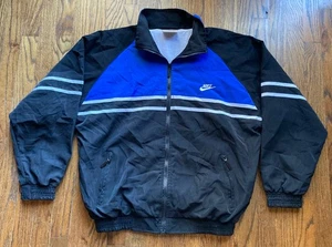 Vintage 90s Nike Jacket Windbreaker Size Medium Swoosh Full Zip Lined Black Blue - Picture 1 of 11