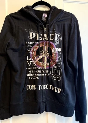 Vintage LUCKY BRAND EUC Peace Come Together Graphic Black Hoodie Women’s Large - Image 1 of 4