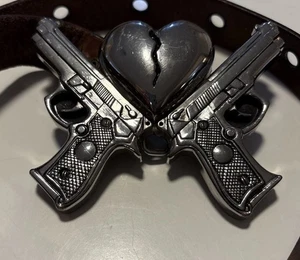 Rock Rebel Belt Buckle Only Silver Metal Broken Heart & 2 Revolvers 4.5"x3.75" - Picture 1 of 1