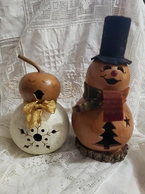 Handmade Primitive Christmas Angel And Snowman Gourds.  5.5" And 8.5" Tall - Image 1 of 4