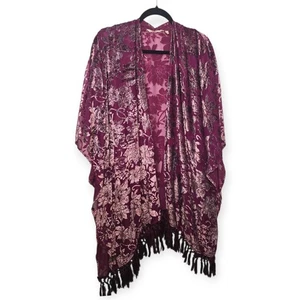 Soft Surroundings Velvet Fringe Burnout Maroon Velvet Kimono L/XL - Picture 1 of 4