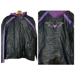 UNIK WOMENS LEATHER JACKET Cafe Moto Zip In Hoodie Purple Black Embroidered 5X - Picture 1 of 9