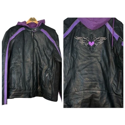 UNIK WOMENS LEATHER JACKET Cafe Moto Zip In Hoodie Purple Black Embroidered 5X - Image 1 of 4