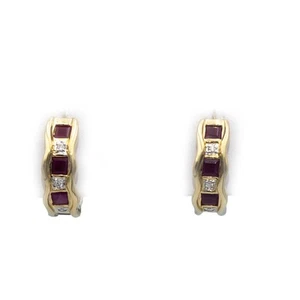 14k Yellow Gold 1.26CT Diamond and Ruby Hoop Huggie Earrings - Picture 1 of 4