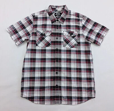 Camisa masculina xadrez de metal Mulisha manga curta com botões Borgonha tamanho G grande - Imagem 1 de 4