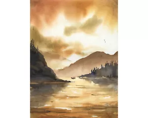 Landscape sunset artwork. Watercolor painting fisherman colorful sunset (print) - Picture 1 of 12