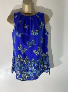 Womens Wallis Uk 8 Blue Butterfly Pattern Sleeveless Casual Blouse Shirt Top - Picture 1 of 6