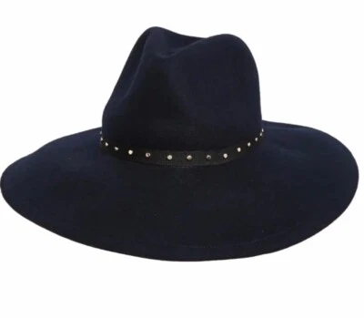 TED BAKER Fedora Hat Navy Blue 100% Wool Studded Wide Brim One Size NEW $95 - Image 1 of 4