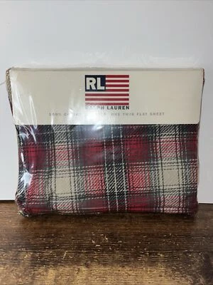 ~~ NEW Vintage RALPH LAUREN Twin Flat Sheet Granger Plaid Blk/Red  NIP ~~ - Image 1 of 4