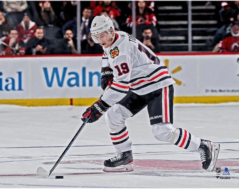 Jonathan Toews Chicago Blackhawks Unsigned White Jersey Skating Photograph Cover