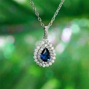 2Ct Pear Lab Created Blue Sapphire Halo Pendant 14K White Gold Plated 18" Chain - Picture 1 of 8