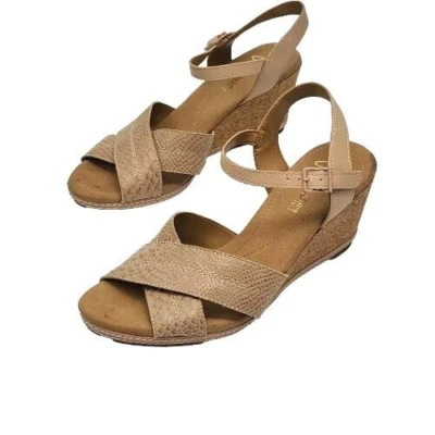 Clarks Collection Sandalias Zapatos Beige Cuña 3" Tacón Corcho Talla 9.5 Ajuste Tobillo Foto 1 de 4
