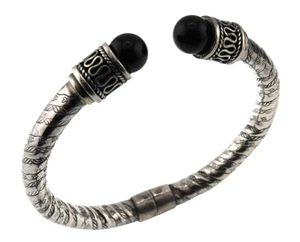 Brazalete con bisagras Boho de plata esterlina 925 con patrón de hoja y vid con extremo de bola de ónix - Imagen 1 de 13
