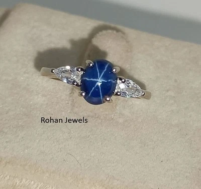 Blue Lindy Star Sapphire Ring 925 Sterling Silver Lab Created Handmade Ring - Image 1 of 4