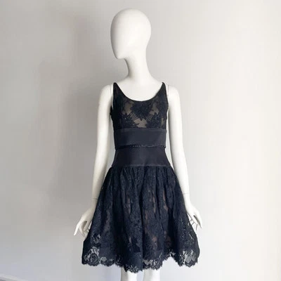 Vintage 1990s Bill Blass XS Black Lace Satin Beaded Dress Designer Runway Party - Image 1 of 4