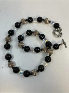 Black & Silver Bead & Aurora Borealis Cubed 19” Necklace 925 & Marcasite Clasp - Picture 1 of 5