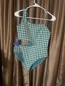 Girls One Piece Bathing Suit Teal Gingham Asymmetrical Cut Out Sz XXL (18) - Picture 1 of 2