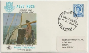 Cubierta de sello GB 1968 Portsmouth da la bienvenida a Alec Rose dama animada regreso al mundo - Imagen 1 de 1