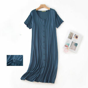 Women's Nightgown Short Sleeve Plain Sleep Nightshirt Button Down Pajama Dress