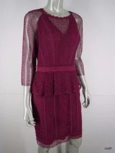 Marchesa Voyage Sheath Dress NEW Sz 10 L Burgundy Sheer Lace Peplum 3/4 Sleeve - Picture 1 of 12