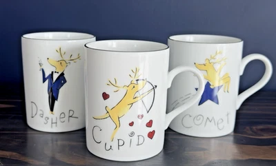 Juego de 3 tazas de cerámica de granero de renos Dasher Cupido Cometa vacaciones de Navidad Foto 1 de 4