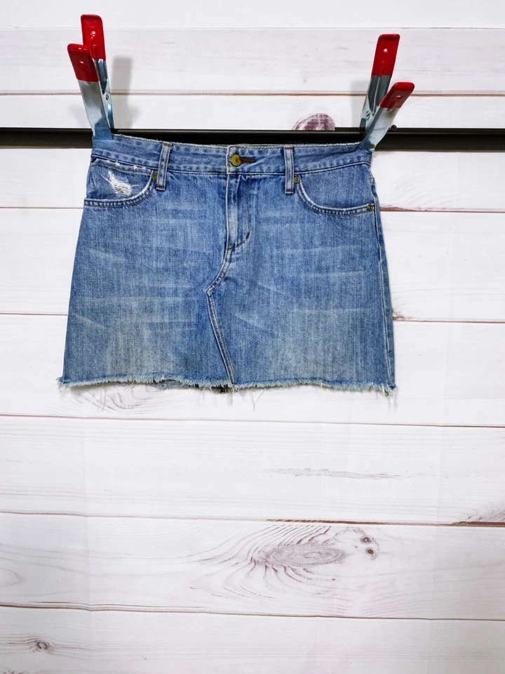 Бумага джинсовой ткани и ткани женская юбка размер S синий карманы искусственно состаренный необработанный кромки - Изображение 1 из 4