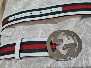 Gucci Belt Web Green Red Canvas, White Leather - 100 cm 34/36 waist - Picture 1 of 3