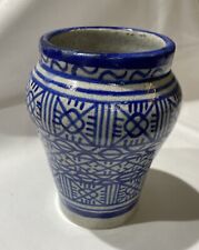 Vintage Moroccan Fez Pottery Blue Vase Artist Signed North Africa