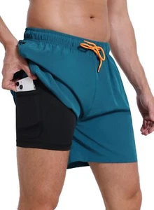Mens Swim Trunks with Compression Liner Quick Dry Beach Shorts with Zipper Po... - Picture 1 of 7