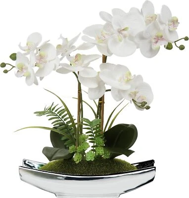 Orquídeas Flores Artificiales 15" Blanco Phalaenopsis Orquídea con Macetas Plateadas Real Foto 1 de 4