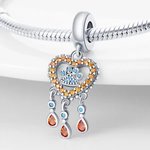 Liebe Herz Pfote Kristall Hund Welpe Wassertropfen Charm Sterlingsilber 925 - Bild 1 von 6