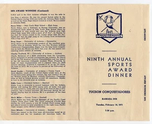 1971 CENA DE PREMIOS DEPORTIVOS Tucson AZ Conquistadores PROGRAMA OFICIAL Musical OLSEN - Imagen 1 de 2