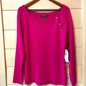 NWT Lauren Ralph Lauren Boatneck Button Pink Fuchsia Sweater Size 2X. - Picture 1 of 8