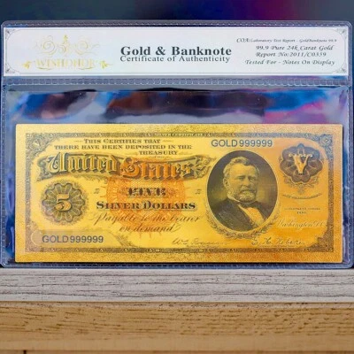 100mg 24K Gold 1886 $5 Dollar Bill Silver Certificate Large Banknote w/White COA - Image 1 of 2