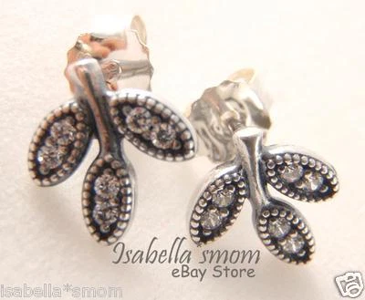 Luccicante Foglie Autentico Pandora Argento/Trasparente Cz Pietre Orecchini New - Immagine 1 di 4